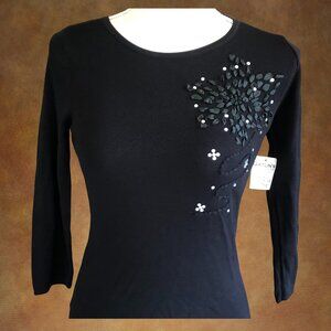 Attitude Knit Black Medium Top – Beaded Floral Sequin Detail, 3/4 Sleeve